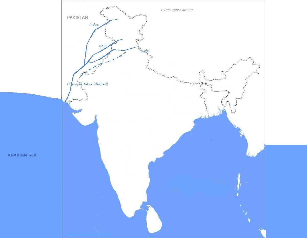 Outline map of India and Pakistan with Harappan rivers (approximate)